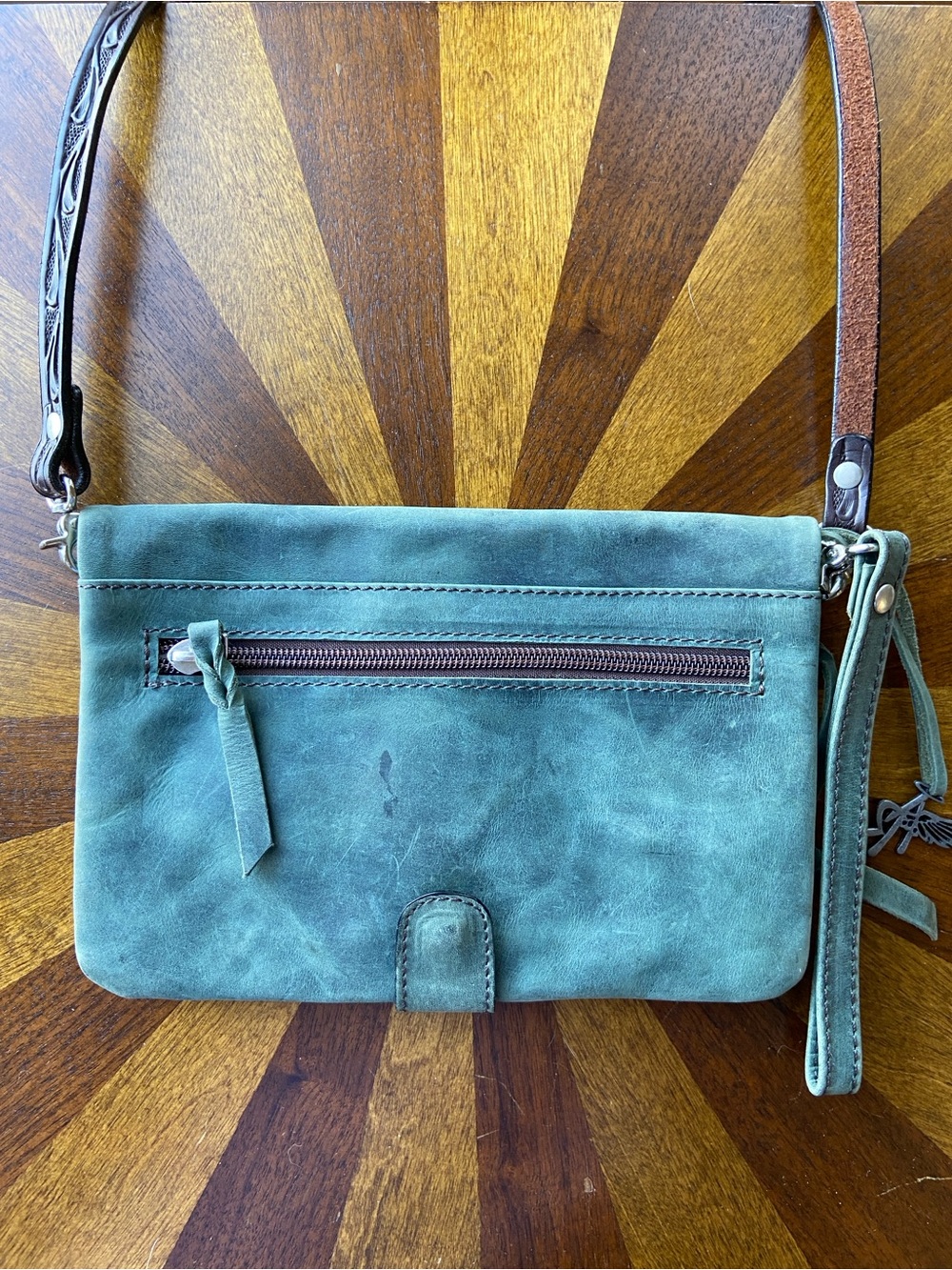 Green Suede Crossbody with Tooled Brown Leather Accent - Picture 3 of 3